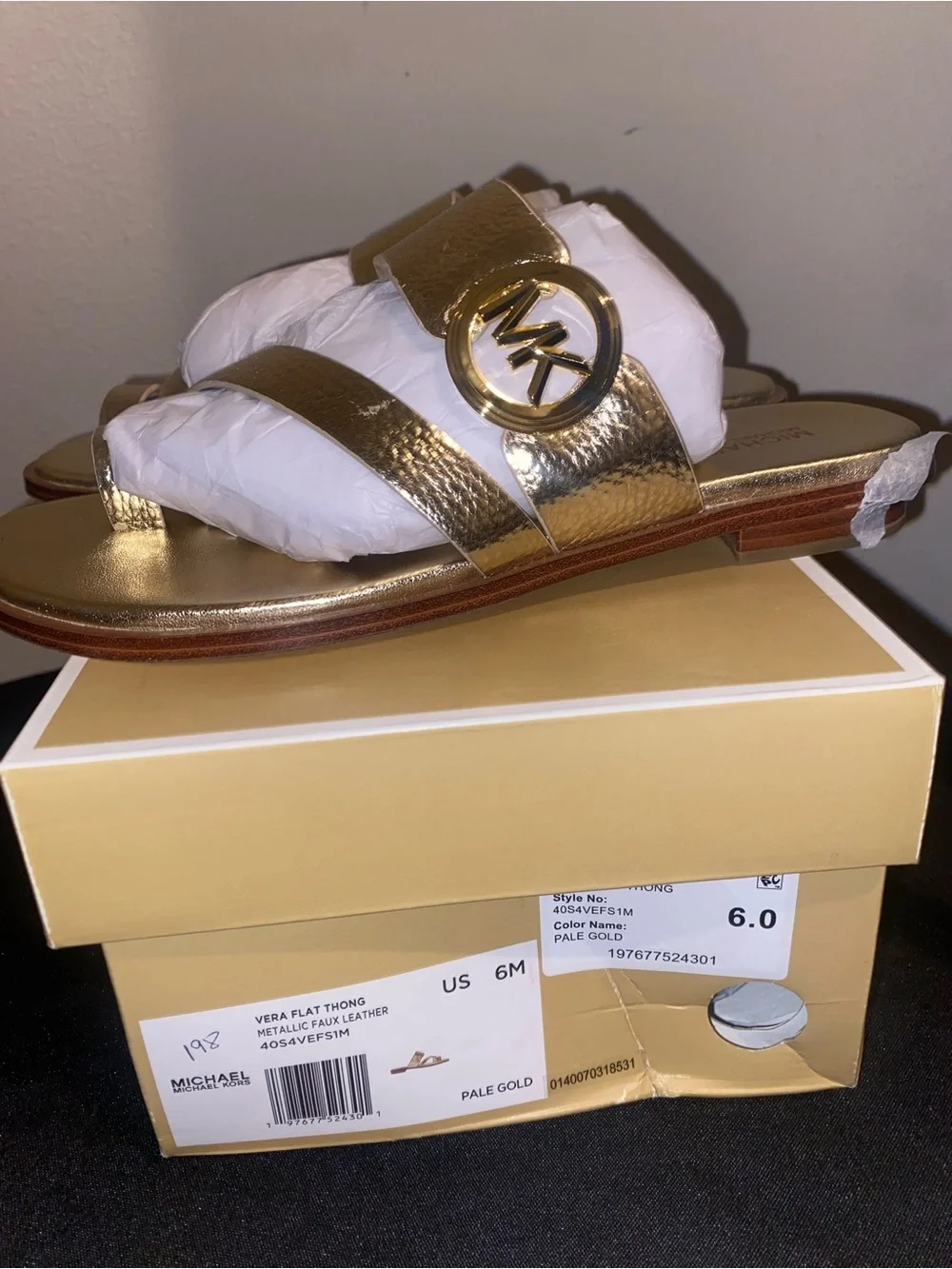 Michael Kors Gold Leather Slide Sandals with MK Logo